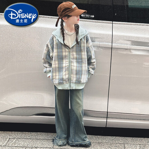Disney Girls 'Jacke Frühlings- und Herbststil 2025 Neue modische Kinder doppelseitige Herbstkleidung modische Street Girl Plaid Sweatshirt 7027 Blau blau Plaid Doppelsieitiger Mantel 150 cm