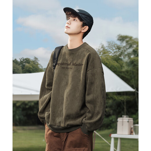 POUM American suede retro sweatshirt men's autumn and winter youth trendy long-sleeved L3852 green XL