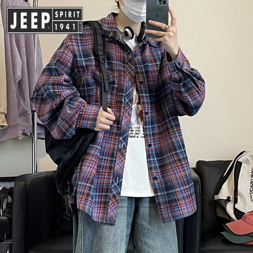 Jeep Spirit Jeep Yellow Blue Plaid Japanisches Hemd Herren Langarm Top Shirt Student American Retro Frühherbst Jacke K12170 Red Plaid xl