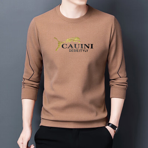 FXEW Hong Kong trendy brand men's high-end sweatshirt men's spring and autumn round neck long-sleeved T-shirt plus velvet warm outer layer shirt letter camel (spring and autumn) XL /175 (recommended 140-160Jin Jin equals 0.5 kg)