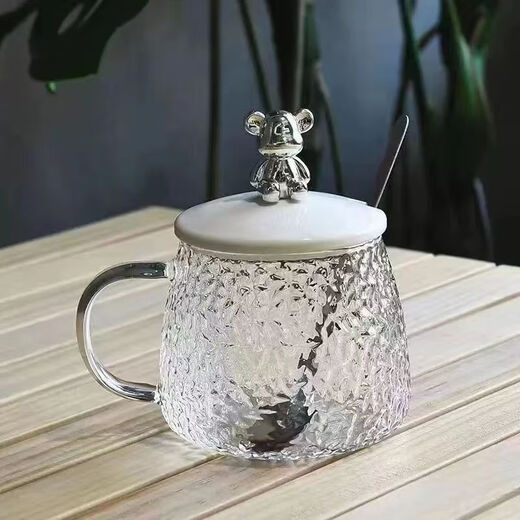 
Glass cup with lid bear cup high-value cup office home coffee cup internet celebrity hot water cup 1 small bear cup (with spoon) 270ml
