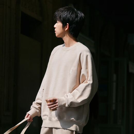 速写男装春秋新款卫衣男简约刺绣套头运动宽松圆领休闲上衣 273纸卡其 L