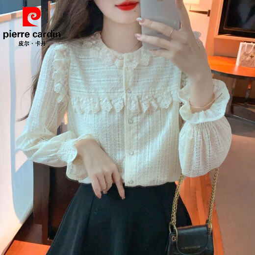 Pierre Cardin bottoming shirt for women, velvet and thickened lace inner top, fashionable and fashionable shirt, autumn and winter 2025 new style, apricot M 165