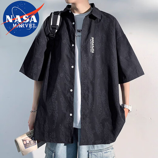 NASA MARVEL short-sleeved shirt men's summer lapel shirt casual wear half-sleeved men's jacket loose top white XL
