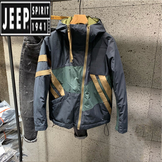 Jeep (JEEP) new winter style Hong Kong trendy brand diagonal zipper hooded cotton jacket for men, loose and versatile, contrasting color thickening jacket, navy blue 2XL recommended 140-160Jin Jin equals 0.5kg