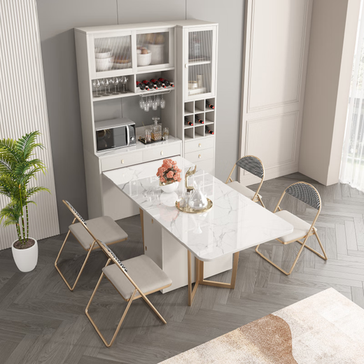 Hanpan slate folding dining table and sideboard integrated multifunctional storage and wine cabinet modern household small apartment retractable dining table Folding dining table cabinet + wine cabinet * 2 + 4 chairs Solid wooden board + delivery and installation