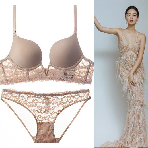 Victoria Palace Sexy Bra, Thin Deep V Beautiful Back Bra, Push-up Support to Prevent Sagging, Big Breasts and Smaller Lace Bra Set, Skin Color 70B/32