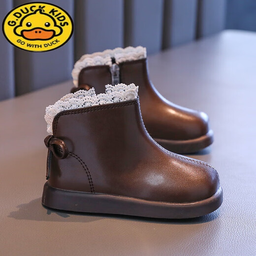 G.duck girls Martin cotton boots 2024 autumn and winter new children's lace soft-soled leather boots Korean style baby princess short boots off-white thin velvet size 23 shoe inner length 14.2