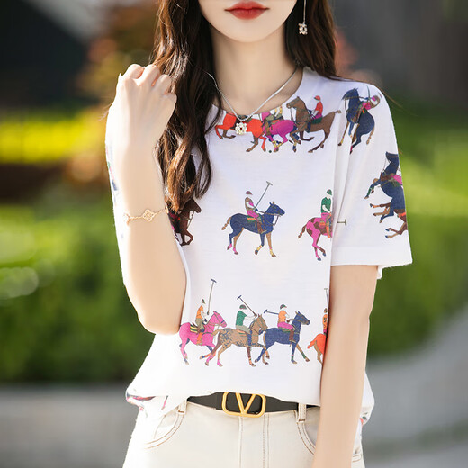 HMRSV mulberry silk short-sleeved T-shirt for women 2025 summer new casual fashion design cool sense horse print top trendy Gunma horse picture print 848 L