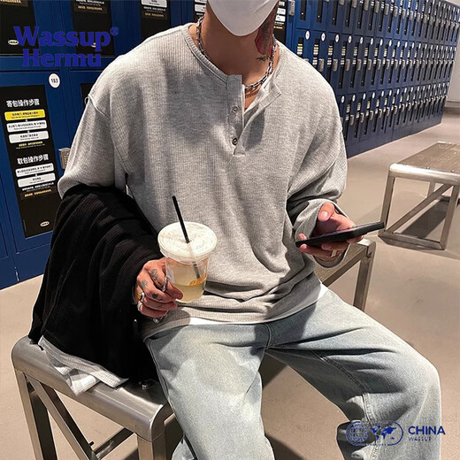 WASSUP HERMU official trendy brand sweatshirt for men in autumn and winter with relaxed feeling Henry collar waffle long-sleeved T-shirt American style inner layering shirt gray 2XL (recommended 145-165Jin Jin equals 0.5kg)