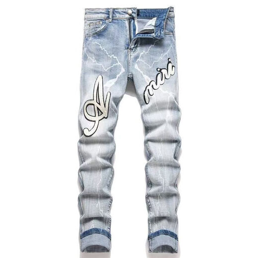 Fadenjue Emil Slim Fit Men's Jeans Lettre de broderie déchirée Patch Patch Slim Fit [de haute qualité] M724 M 95-105Jin [Jin est égal à 0,5 kg]