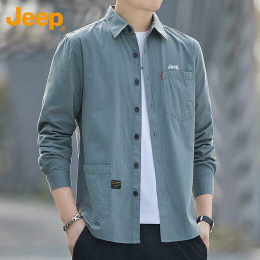 吉普（JEEP）长袖衬衫男春秋季工装外套男士潮流宽松衬衣服男装上衣 灰绿 XL 
