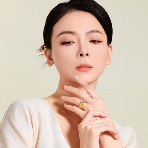 Mengjinyuan Gold Ring Ancient Pigeon Egg Gold Ring Hand-Inlaid Green Zirconium Design Birthday Gift No. 16 - Net Gold Weight Approximately 8.15g