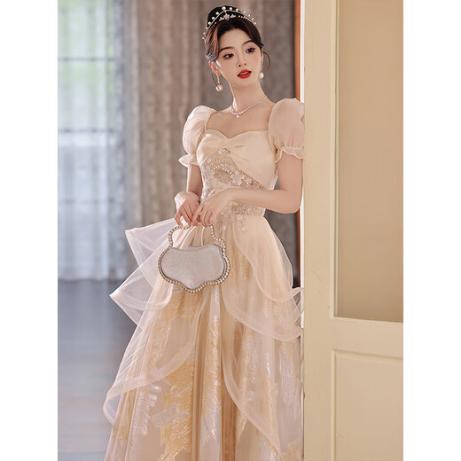Zhufan student adult dress 18-year-old female adult dress evening girl 2025 new banquet temperament host sense champagne color S