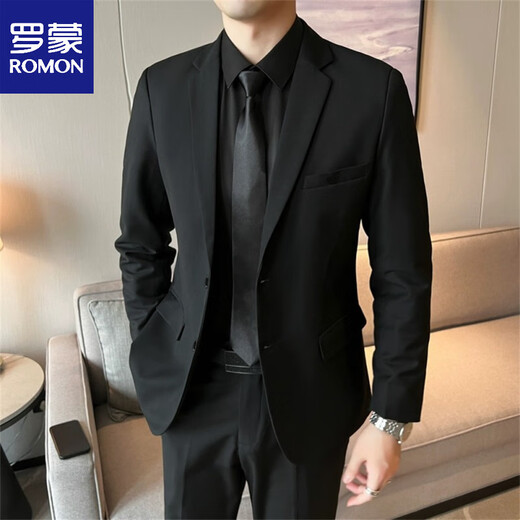 Romon (Romon) Anzugjacke, männlicher reifen Stil, schlanker Single, Casual Business Formal Wear Professional Plus-Size-Groomsmen-Anzug, schwarze + schwarze Hose [zweiteiliger Set] hohe Qualität S [Empfohlen 90-Jin [Jin gleich 0,5 kg]]]