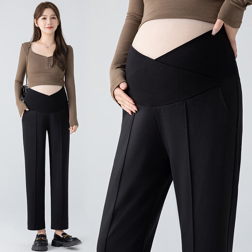 晞帆（XIFAN）孕妇裤夏季孕妇装冰丝休闲裤烟管西装裤九分裤小个子外穿直筒裤 6198交叉腰黑色 M（80-100斤）
