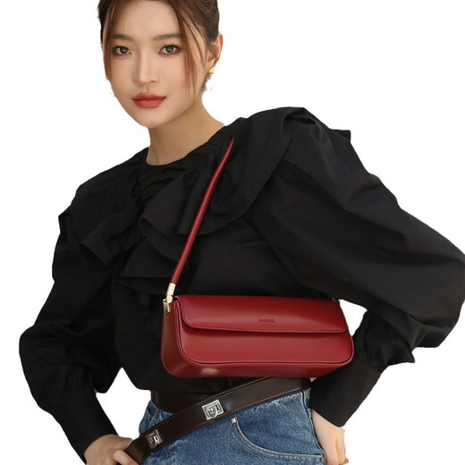 Auchan Dian baguette women's bag 2024 new style genuine leather fashion niche design shoulder crossbody portable retro women's bag black