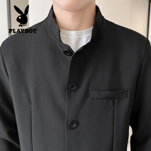 Playboy (PLAYBOY) New Chinese style tunic suit handsome stand collar national style suit jacket suit dress casual Tang suit shoulder pad black jacket + pants belt 2XL