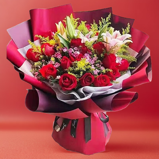 Romantic season flower express delivery in the same city. Red rose bouquet to express love to girlfriend, birthday gift, wedding anniversary, national flower shop. 19 red roses + 6 pink lilies. Delivery today - flower delivery time can be made by appointment.