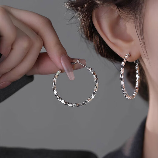 YIZUN. CHOMELS925 Silver Needle Broken Silver Plain Hoop Earrings Women's Light Luxury High-end Earrings Temperament Simple Earrings Square Round Face Earrings 3CM Gold Broken Silver Hoop Earrings-S925 Silver Needle