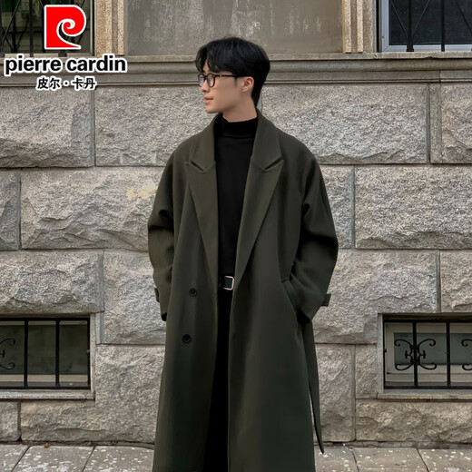 Pierre Cardin woolen coat men's autumn and winter style British style Korean style mid-length handsome trendy loose casual knee-length windbreaker jacket black L