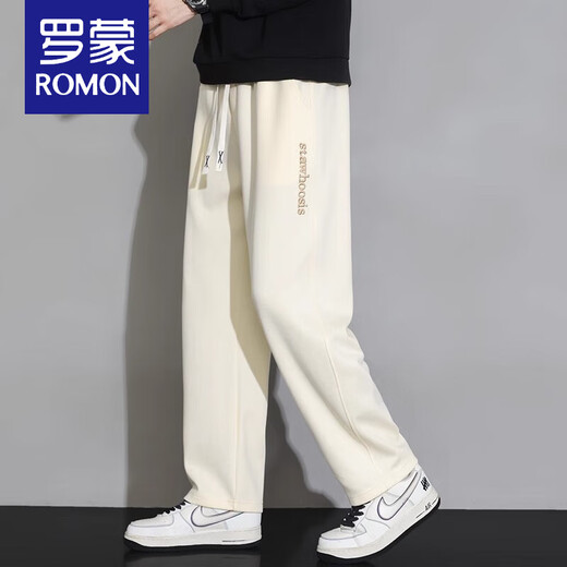 ROMON American casual trousers for men spring and autumn 2024 new loose and versatile sports straight boys' trendy brand trousers 88 beige XL 120-140Jin Jin equals 0.5 kg