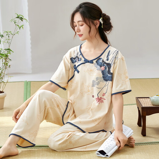 猫人夏季女士新中式短袖睡衣薄款长裤可外穿家居服 LZY9906 M (建议75-95斤)