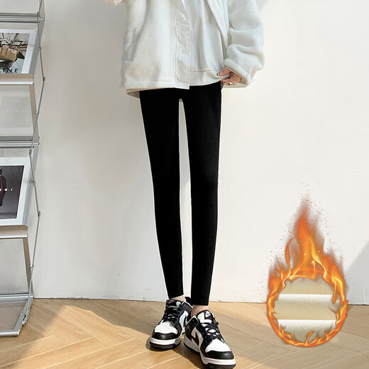 2024 new autumn and winter brushed ribbed leggings for women that can be worn outside high-waisted slim-fitting high-elastic warm trousers black-brushed style one size fits all 80-125Jin Jin is equal to 0.5 kg
