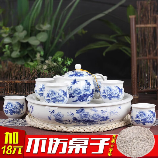 Fat Donglai same style tea set complete set for home living room blue and white porcelain double layer ceramic simple kung fu double layer tea set + tea tray good mountains and good water 8 pieces