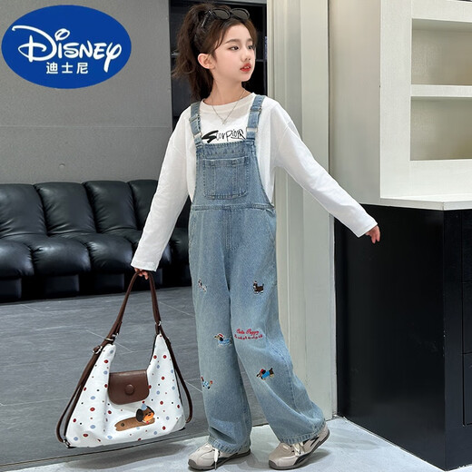 Disney (Disney) Girls Overalls Set 2025 New Children's Denim Overalls Korean Style Western Style Girls Overalls Two-piece Set Dachshund Denim Overalls Single Piece 160 cm