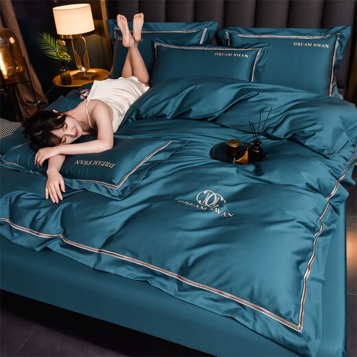 Fu'an Baina light luxury style 200-count long-staple cotton four-piece set of pure cotton, skin-friendly and can be slept naked, bed sheet, fitted sheet and bedding. Britney - high-end gray 1.8m bed sheet type quilt cover 200*230cm-four-piece set