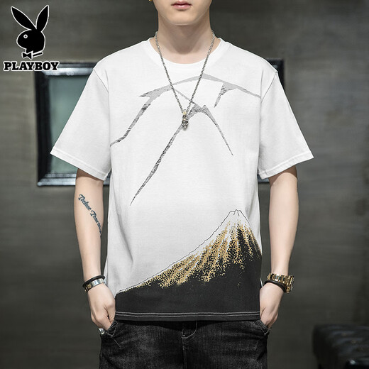 Playboy (PLAYBOY) short-sleeved t-shirt men's pure cotton clothes 2025 summer new fashion brand casual loose printed t-shirt men's 829 black XL 121-140Jin Jin equals 0.5 kg