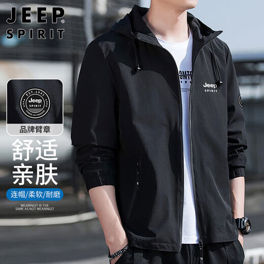 JEEP SPIRIT Jeep Jacket Men's Hooded Autumn and Winter Jacket Men's Casual Men's Tops Black XL