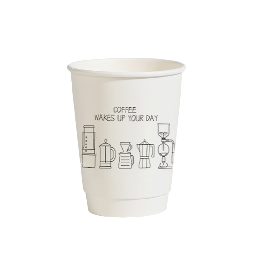 Forty thousand kilometers coffee cup double layer paper cup with lid water cup household commercial packaging cup hot drink paper cup thickened double layer COFFEE 280ml + butterfly white lid 25 sets