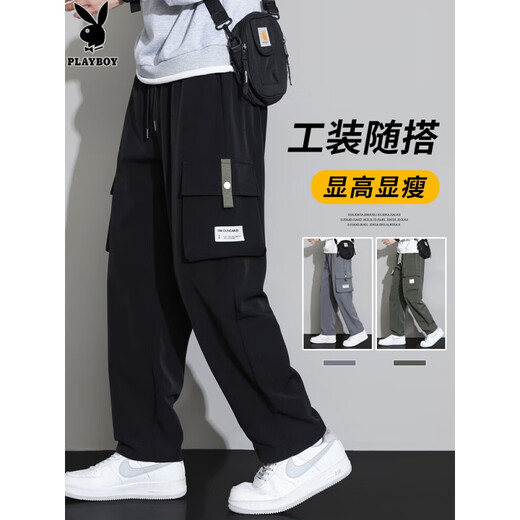 Playboy; Playboy Everly for Men 2025 Nuevo verano de piernas abiertas sueltas Straight Strain y otoño Pantalones largos casuales para hombres 9930 Gray L