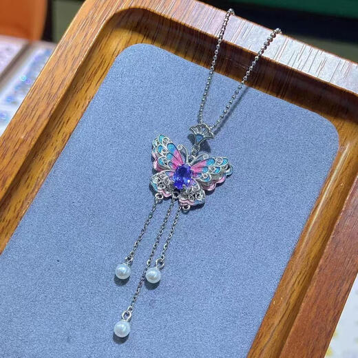 Shilian 925 silver inlaid, non-fading, non-allergenic, topaz, tanzanite, painted butterfly necklace, Chinese style, fidelity, certificate for women, topaz sky blue pendant