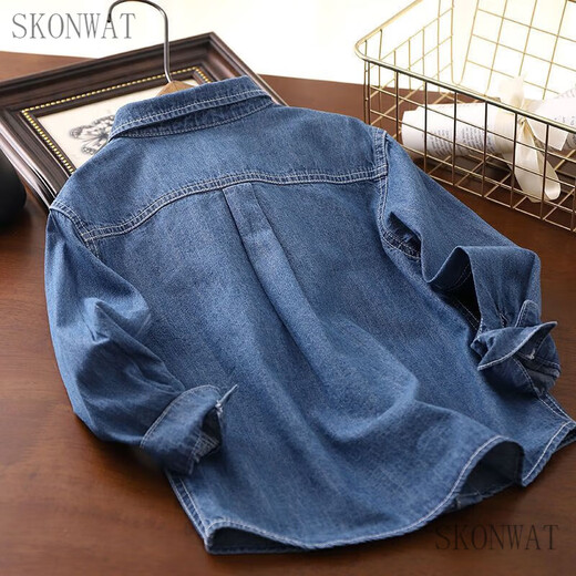 SKONWAT boys' denim shirt spring and autumn new children's long-sleeved casual jacket student shirt cardigan outer top blue cloth 130 size recommended height around 120cm