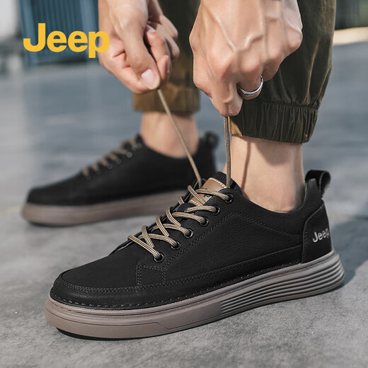 Jeep men's shoes spring and autumn all-match casual shoes cowhide sneakers outdoor sports work shoes black small leather shoes