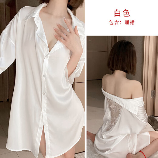 猫人男有风衬衫睡衣女蕾丝镂空2025夏季新款可外穿冰丝睡裙家居服 白色【衬衫】6189 L (适合：120-140斤)