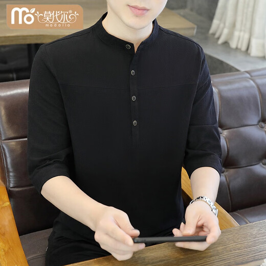 Modal three-quarter sleeve stand collar short-sleeved T-shirt men's summer henley collar half-sleeved polo shirt pure cotton three-quarter sleeve top 1899 white XL 120-140Jin Jin equals 0.5 kg
