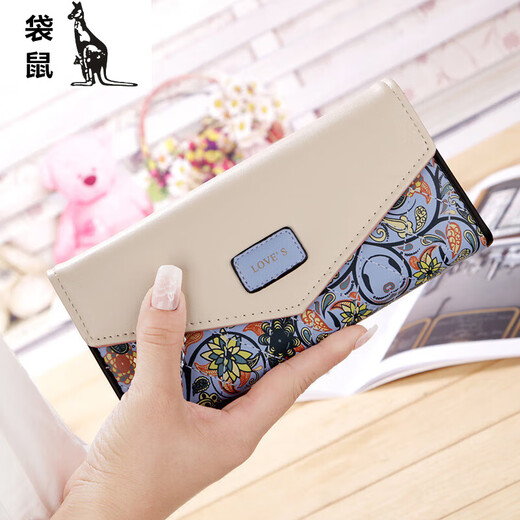 Kangaroo (KANGAROO) Korean style small floral diamond contrast envelope buckle women's wallet long wallet clutch bag wallet blue
