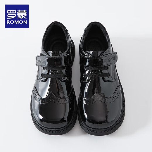 Romon boys' leather shoes black soft sole British style student performance shoes children's performance big children's suit shoes black 38