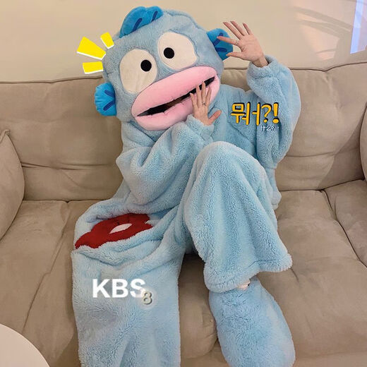 Funny Ugly Fish One-piece Pajamas Women's Coral Velvet Thickened Warm Autumn and Winter Cartoon Cute Couple Pajamas Home Clothes Ugly Fish One-piece Velvet One-piece+Shoes M 100-130Jin Jin equals 0.5 kg High-quality velvet