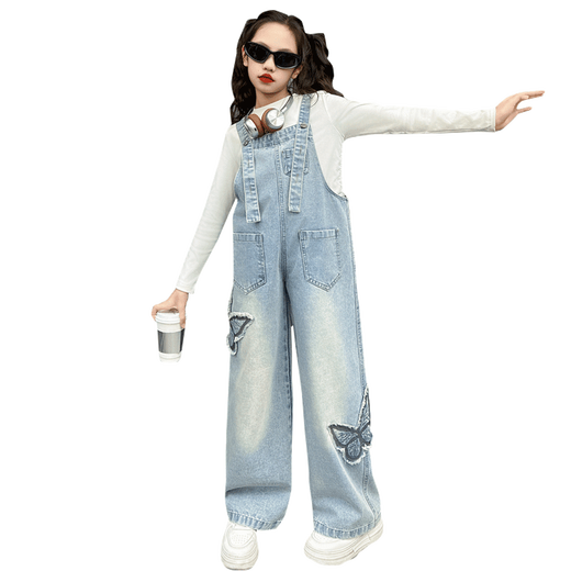 Disney (Disney) Girls Spring Pants 2025 New Style Wide Leg Pants Girls Straight Overalls Children's Clothing Spring Middle and Older Children Patch Butterfly Overalls 120 cm