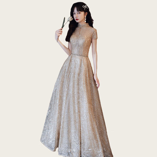 Rindu art candidate's music dress performance dress light luxury banquet host high collar art exam music student adult ceremony gold M