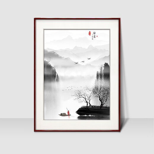 Zi Teng Suixuan ink landscape painting new Chinese style living room decoration painting background wall mural Chinese style entrance hall study hanging painting Picture 2 35*50cm mahogany color solid wood frame