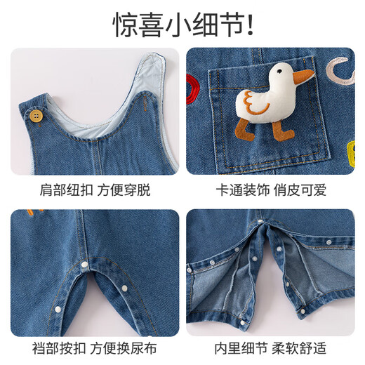 Banxidi baby clothes, autumn clothes, infant jumpsuits, baby cartoon denim overalls, super cute going out clothes, spring and autumn, blue 66cm
