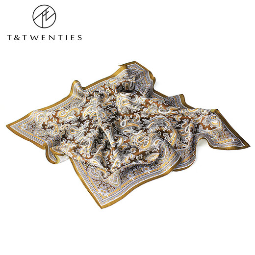 T&Twenties新款真丝男士缎面丝巾围脖冬季桑蚕丝脖子方巾复古腰果花蓝色灰色 真丝方巾 7029 浪漫.金棕佩斯利