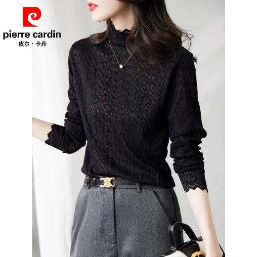 Pierre Cardin Lace Top Women's Slim Fit Half-Turtle Collar Long-Sleeved Hollow Inner Western-style Bottoming Shirt 2025 Spring and Autumn New Niche Black Lined 3XL
