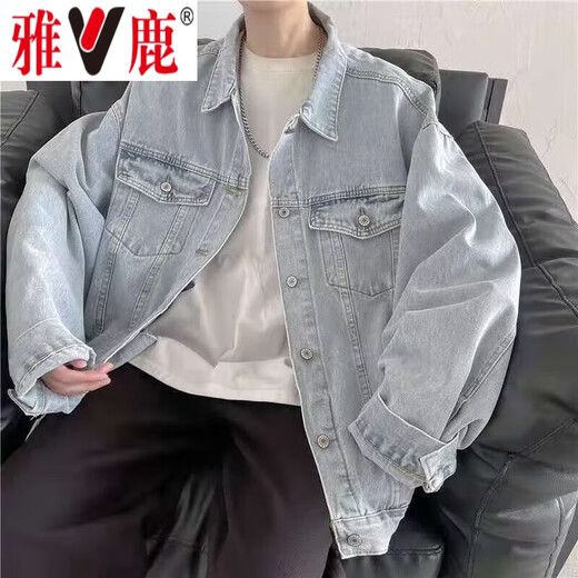 Yalu denim jacket men's autumn men's Hong Kong style trendy loose jacket tops plus velvet thickening handsome work clothes outer clothes blue regular XL recommended weight 120-140Jin Jin equals 0.5 kg